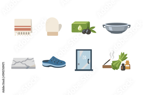 Collection of sauna and spa accessories, including towel, mitt, soap, and essential oils