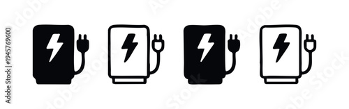 Hand-drawn EV Electric Vehicle Charging Station Icon Set. Green Energy and Sustainable Technology Symbols.