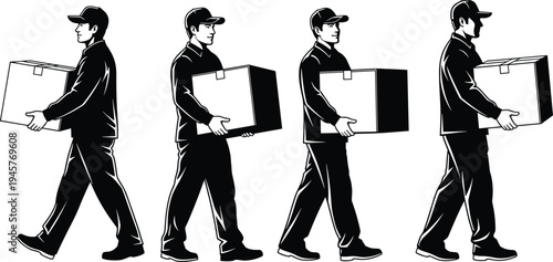 Delivery man silhouette set featuring couriers carrying cardboard boxes and walking for shipping, logistics, moving services, mail distribution, and professional package delivery concepts.