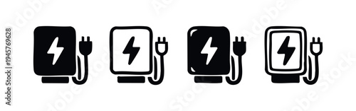 Hand-drawn Electric Vehicle Charging Station Icon Set. Power Bank and Sustainable Energy Symbols.