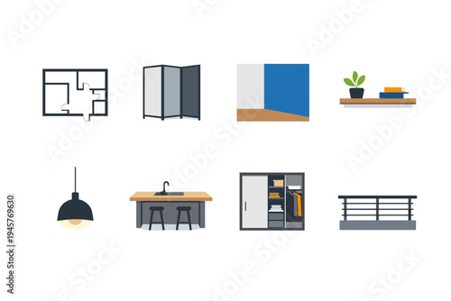 Collection of interior design elements and architectural symbols for home planning