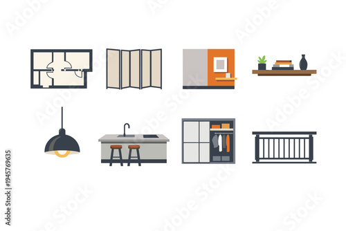 Collection of flat design icons representing interior design elements and home furnishings