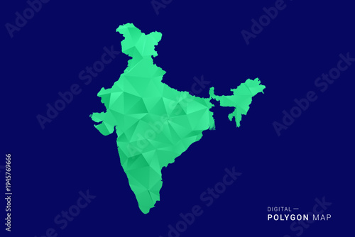 India Map - low poly polygon vector, geometric triangulated silhouette in green and blue tones, clean modern style, isolated background for infographic use.