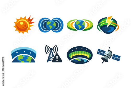 Set of icons representing Earth's atmosphere, solar activity, and space exploration