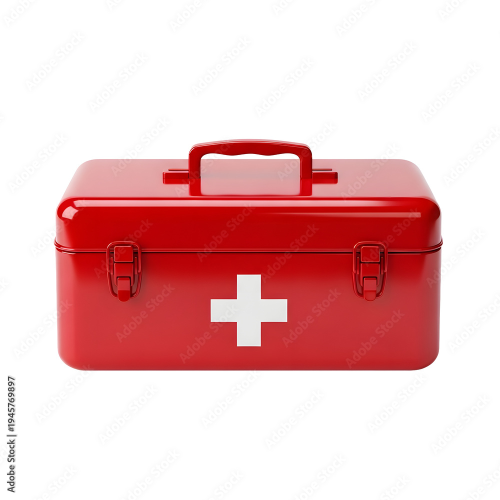 Obraz premium A red first aid kit travel case featuring a metal handle and lock is isolated as a 3D medical equipment storage box for business or luggage