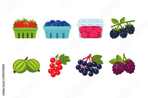 Assortment of fresh berries including strawberries, blueberries, raspberries, blackberries, and gooseberries