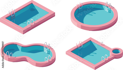 Isometric swimming pool set, blue water basins, pink borders, ladder steps, outdoor recreation elements, backyard leisure equipment, garden landscape vector illustration.
