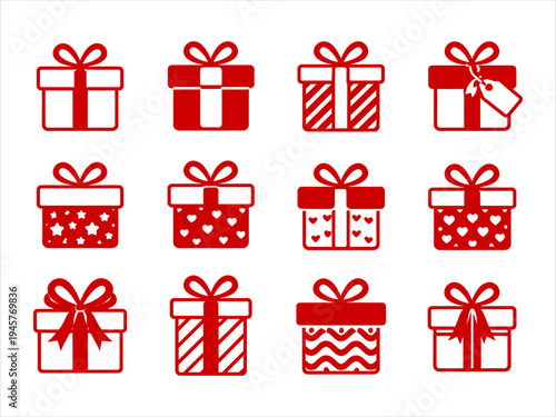 Collection of festive red and white gift boxes with various patterns for celebrations and holidays