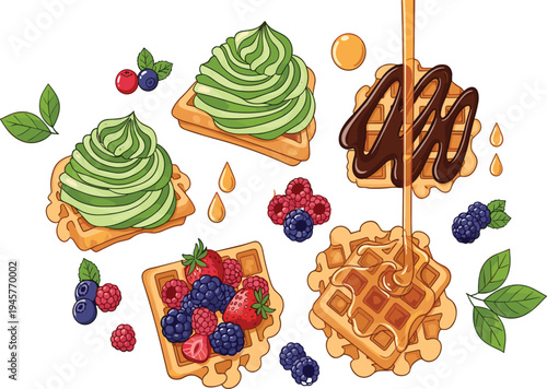 Delicious waffle dessert set with berries chocolate avocado cream and honey drizzle, sweet breakfast pastry vector illustration collection