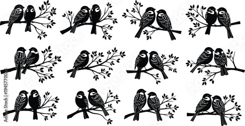 Love birds silhouettes collection, romantic bird couples sitting on branches, wildlife nature illustration set, decorative black bird icons