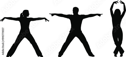 Black silhouette set of people dancing and stretching, isolated on white background, fitness, wellness, and active lifestyle concept for design.