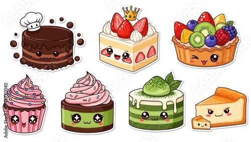 Collection of adorable dessert cakes in cartoon style on white background