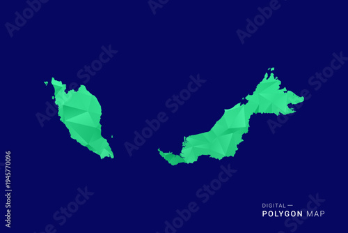 Malaysia Map - low poly polygon vector, geometric triangulated silhouette in green and blue tones, clean modern style, isolated background for infographic use.