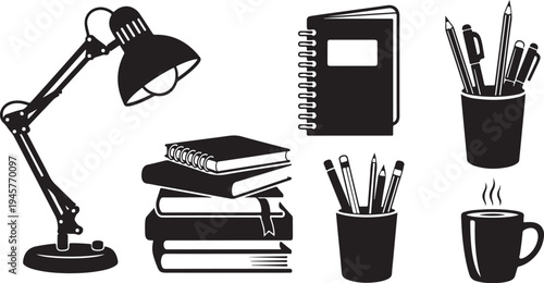 Black and white illustration of office desk supplies and books