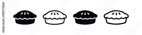 Set of apple pie or fruit tart icons in various black and white styles, isolated on white.