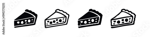 Cheesecake or fruit pie slice icon set in black and white styles, perfect for menus and designs.