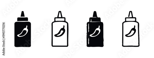 Hot sauce bottle icon set. Hand drawn chili pepper condiment illustrations.