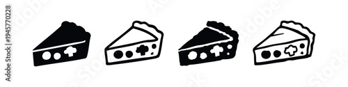 Pie slice icon set with various filling patterns in black and white, for culinary themes.