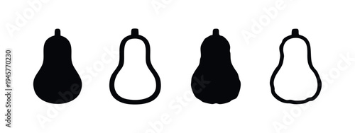 Butternut squash icon set in black and white, depicting whole squash shapes for seasonal themes.