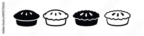 Collection of small individual pie or tart icons in outline and solid styles, isolated for design.