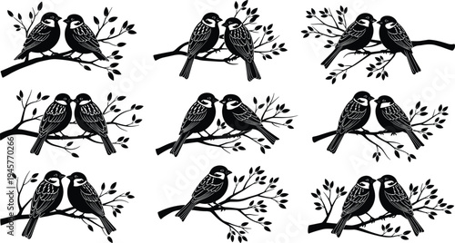 Love, birds, couple, sitting, on, branch, silhouette, romantic, nature, wildlife, sparrow, pair, floral, leaves, vector, illustration, decorative, set, pattern, design