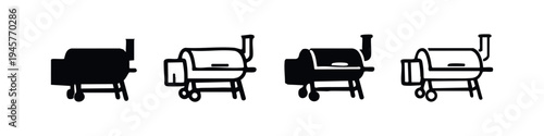Smoker Grill with Wheels Icon Set, Mobile BBQ Appliance Symbols, Portable Outdoor Cooking Vector