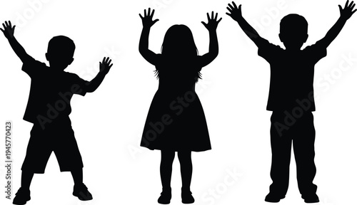 Black silhouettes of happy children jumping and cheering with arms raised in joy isolated on white background for childhood celebration concepts