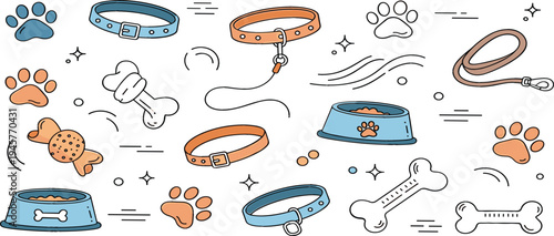 Pet accessories and dog care vector set with collars, leash, food bowl, bones, paw prints, and playful animal elements