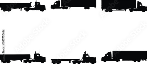Collection of six black silhouette semi-trailer trucks, showcasing different trailer types and cab designs for commercial logistics and transportation.