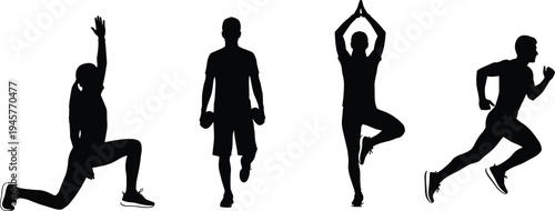Black silhouettes of people exercising performing yoga tree pose running lunging and weightlifting isolated on white background for fitness health concepts