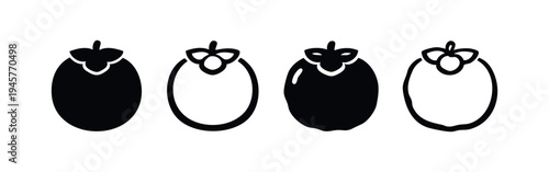 Persimmon fruit icon set, with solid and outlined variations of the ripe fruit and its calyx.