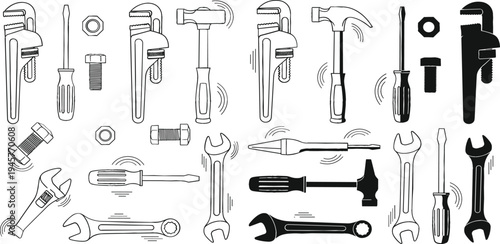 Hand tools vector set with wrench, hammer, screwdriver, pliers, bolts, and nuts mechanical repair equipment in outline and silhouette style