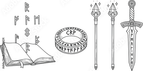 Fantasy magic items set, viking runes book, ancient engraved ring, wizard staff with crystal, mystical sword, medieval rpg vector illustration, line art.