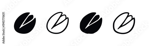 Open Pistachio Nut Icon Set. Healthy Snack Seed Silhouette and Outline Black and White Vector Illustration.