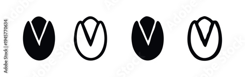 Pistachio Nut with V-Cut Icon Set. Healthy Snack Seed Silhouette and Outline Black and White Vector Illustration.