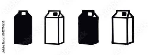 Drink Carton Packaging Icon Set. Tall Rectangular Container Black and White Silhouette and Outline Vector Illustration.