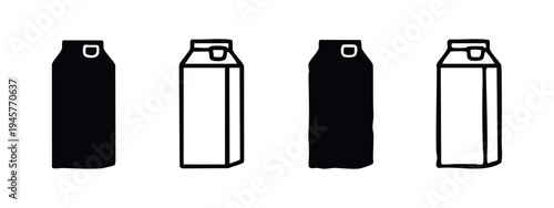 Milk or Juice Carton Box Icon Set. Packaging Container Black and White Silhouette and Outline Vector Illustration.