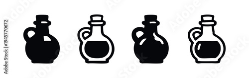Set of olive oil jug or carafe icons in flat and outline styles. Cooking and healthy food symbols.