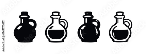 Collection of olive oil bottle and jug icons in varying flat and outline styles. Cooking supplies vector.