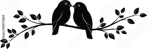 romantic, love, birds, couple, silhouette, branch, leaves, nature, togetherness, affection, romance, wildlife, minimalist, black, illustration, perched, tree, relationship, valentine, harmony
