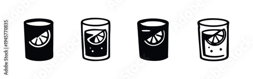 Drink Glass Icons with Floating Citrus Slice, Lemonade and Cocktail Vector Set