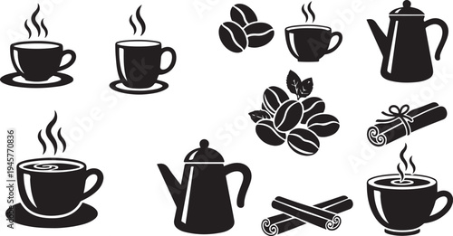 Black and white coffee icons and accessories illustration set