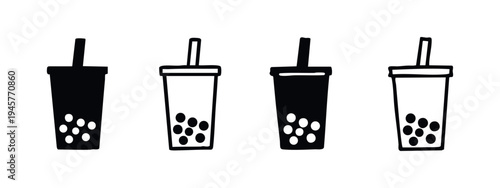 Contemporary Bubble Tea Cup Icons with Tapioca Pearls and Straw Design