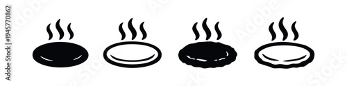 Hot Steaming Food or Drink Vector Icon Set, Round Bowl or Cup Silhouette and Outline with Vapor
