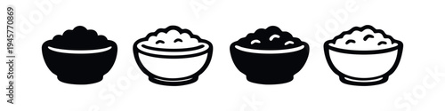 Stylized Food Bowl Icons Set, Rice Dish or Grain Meal Vector