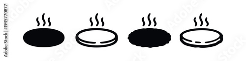 Hot Steaming Food or Drink Icon Set, Round Dish Silhouette and Outline Vectors, Coffee or Soup Symbol