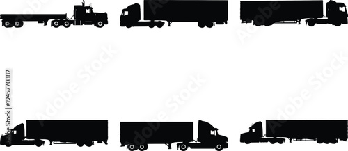 Group of six black silhouette semi-trailer trucks, featuring various trailer designs and cab styles, representing the commercial trucking and freight industry.
