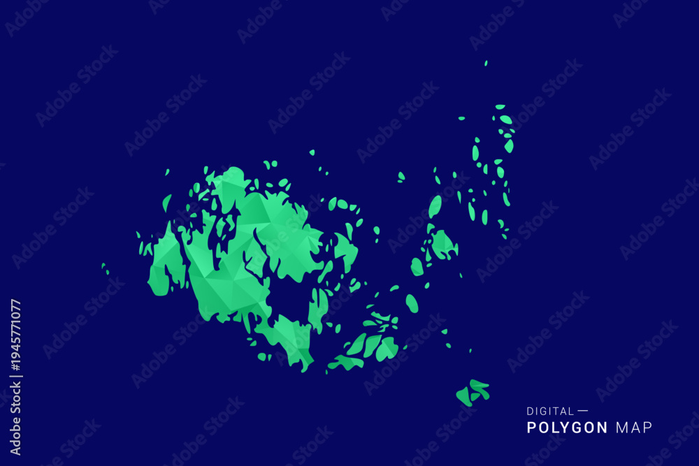 Fototapeta premium Aland Islands Map - low poly polygon vector, geometric triangulated silhouette in green and blue tones, clean modern style, isolated background for infographic use.