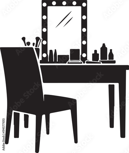 Black silhouette of a vanity table with chair and makeup  beauty concept