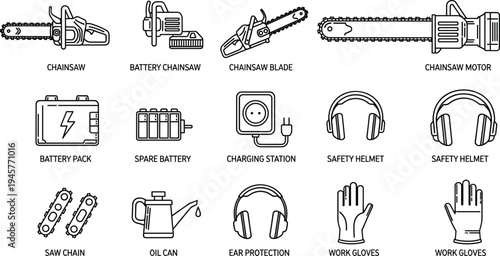 Chainsaw icons, battery chainsaw, chainsaw blade, chainsaw motor, spare battery, charging station, safety helmet, ear protection, work gloves, oil can